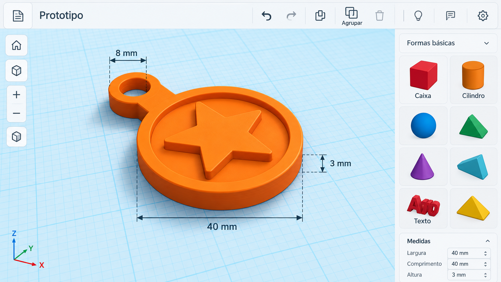 Protótipo de chaveiro em uma ferramenta de modelagem 3D