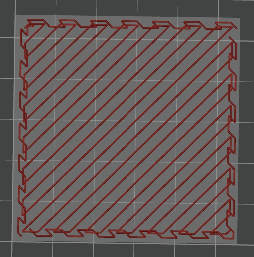 Visualização oficial de um padrão de preenchimento no Bambu Studio. Observe o material interno separado do contorno exterior.