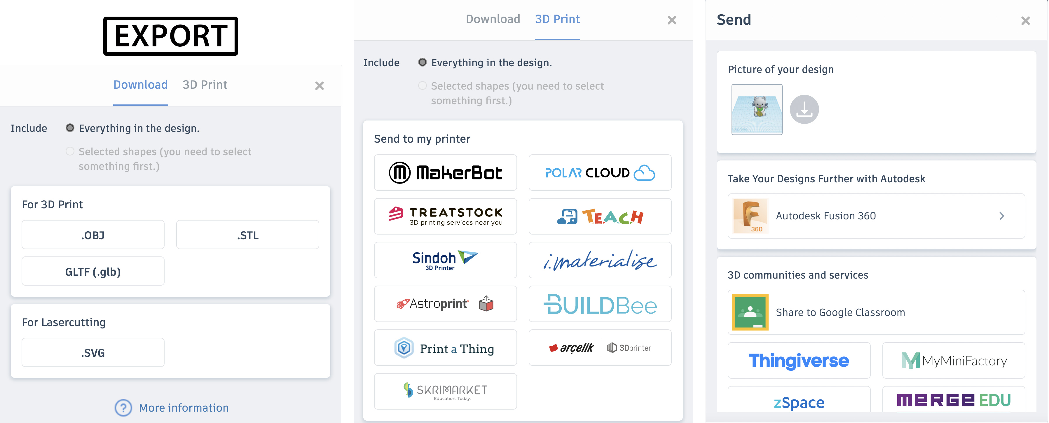Tela de exportação publicada pelo Tinkercad. Para a nossa atividade, escolha STL; a interface pode variar com a versão.